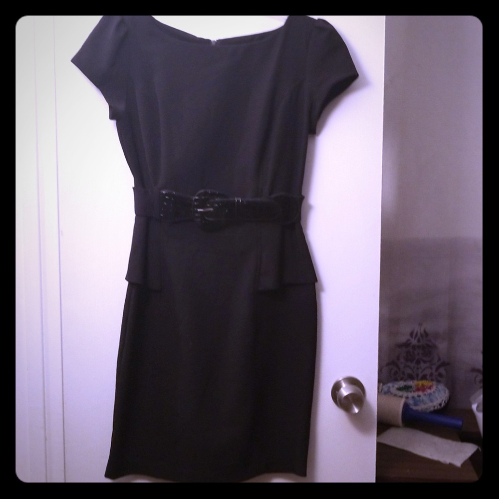 Iz Byer black peplum belted dress